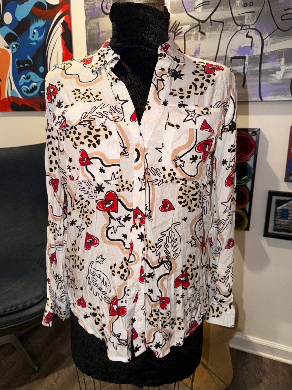 Women’s Casual White Button-Down Shirt with Red Heart Print